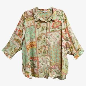 Rose + Olive Womens Pastel Paisley Button Top Size 2X Foral Artsy Boho Spring